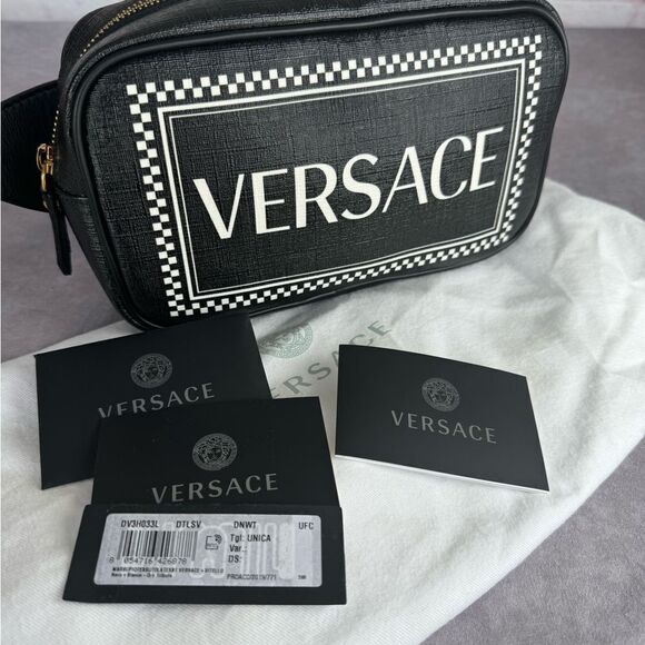 VERSACE Grained Calfskin 90's Logo Belt Bag Black - Picture 12 of 13